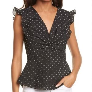 Rebecca Taylor Black Twist Front Cap Sleeve Birdseye Dot Top Size 4